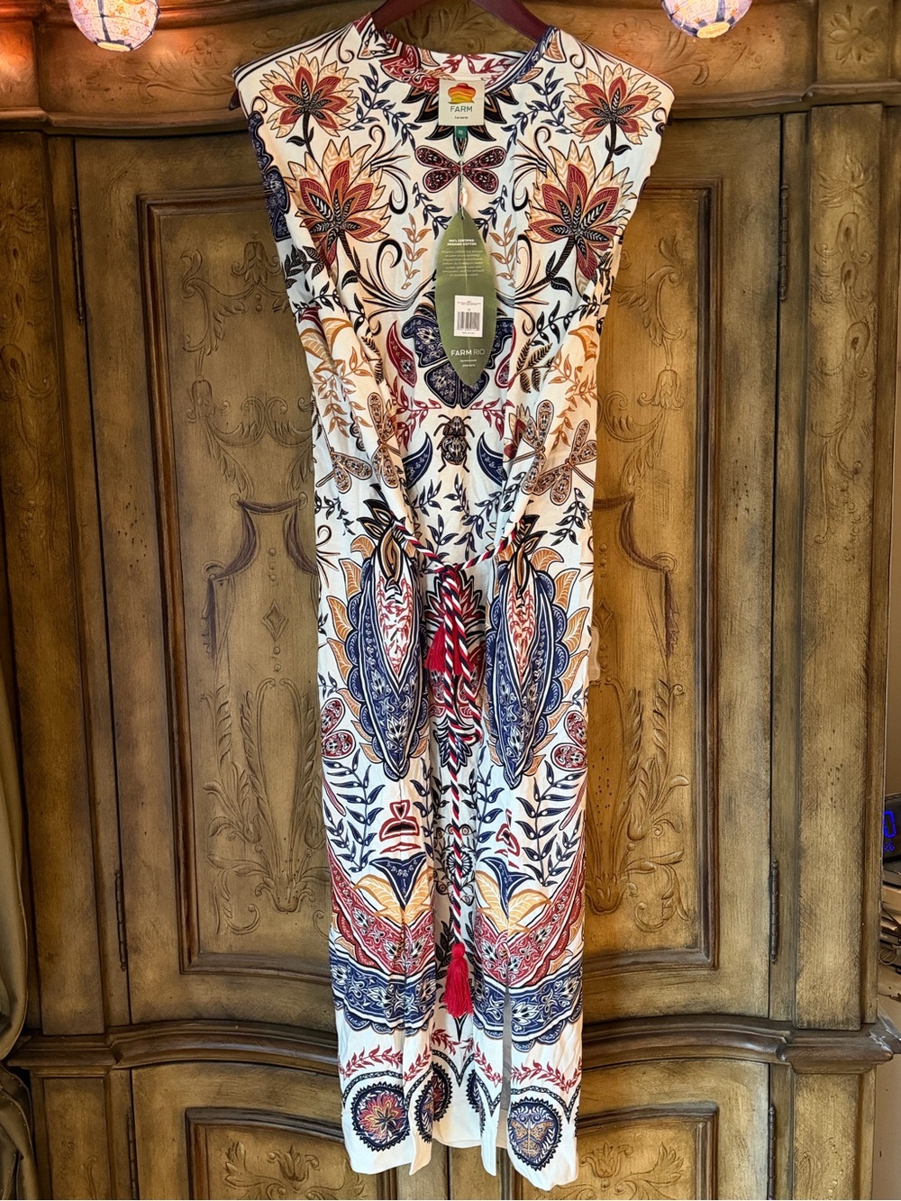 FARM Rio White Maxi Dress with Red, Navy & Gold Floral Print
